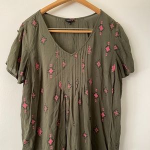 Torrid Olive Green Blouse w Pink & Black Detail